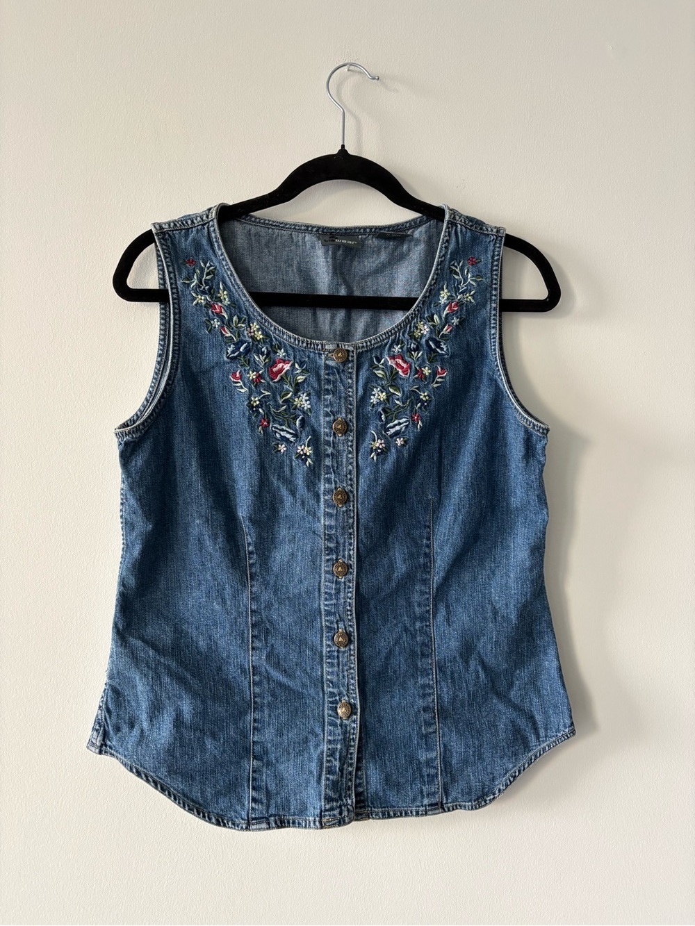 Vintage Liz Wear 90’s Floral Embroidered Button Down Denim Vest Petite Large